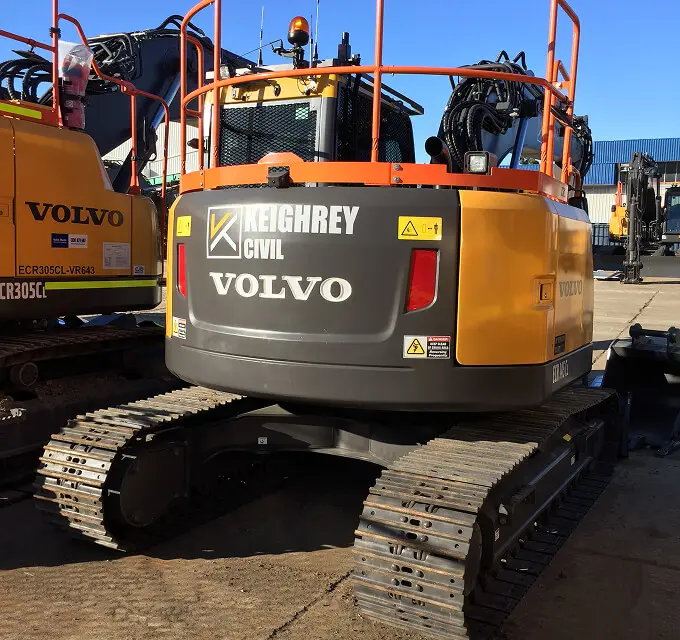 A yellow Volvo excavator with